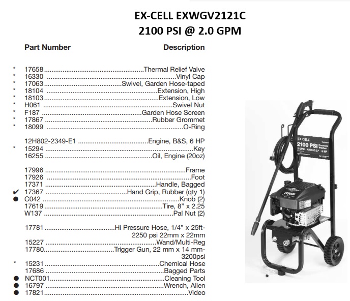 EXCELL EXWGV2121-C power washer repair kits & manuals